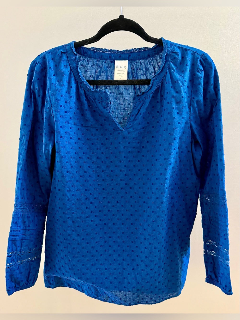 Blair Women’s Small Cerulean Blue Cotton Blouse Swiss Dot Lace Boho Long Sleeve